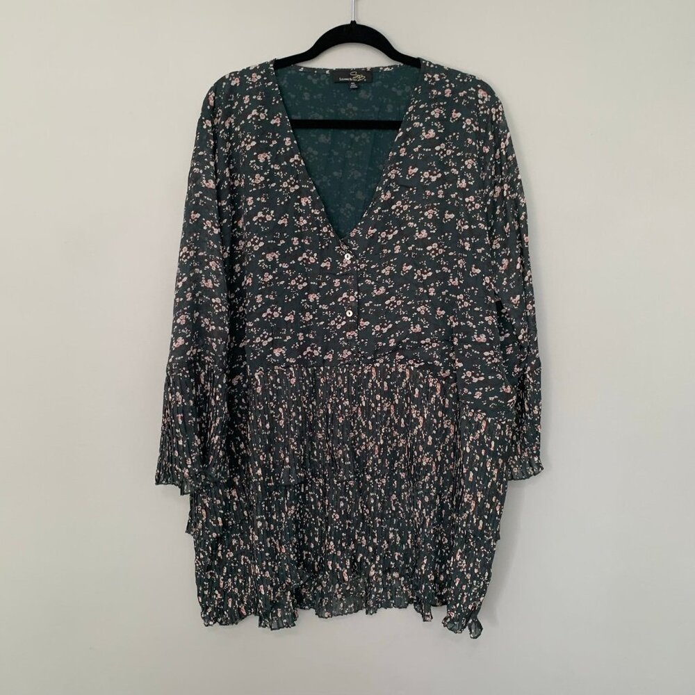 NWOT Suzanne Betro 4X Green Floral Pleated Ruffle Top V-Neck Long Sleeve Plus